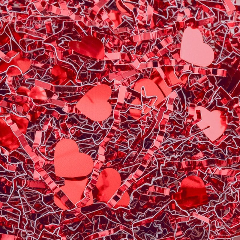 Jocomoni 1LB Valentine's Day Crinkle Cut Paper Shred Filler, Metallic Red Crinkle Cut Paper with Heart Confetti Shredded Paper Filler for Gift Wrapping Craft DIY Packaging Filling Party Supply - Image 1